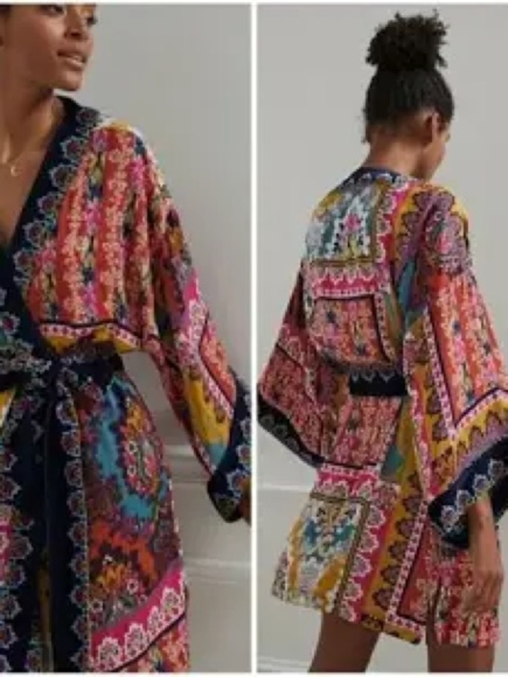 Anthropologie Multicolor Floral Kimono with Pink Trim
